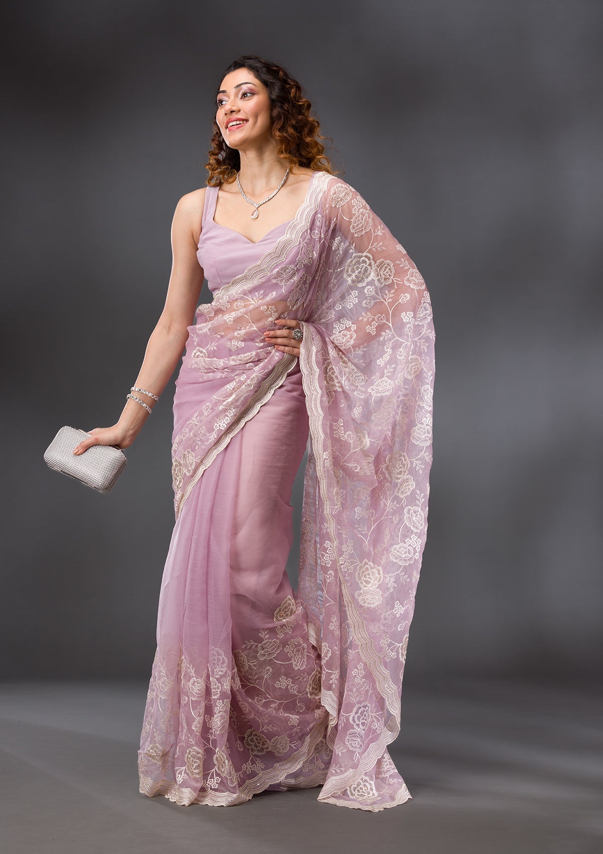 Onion Pink Threadwork Chiffon Saree-Koskii