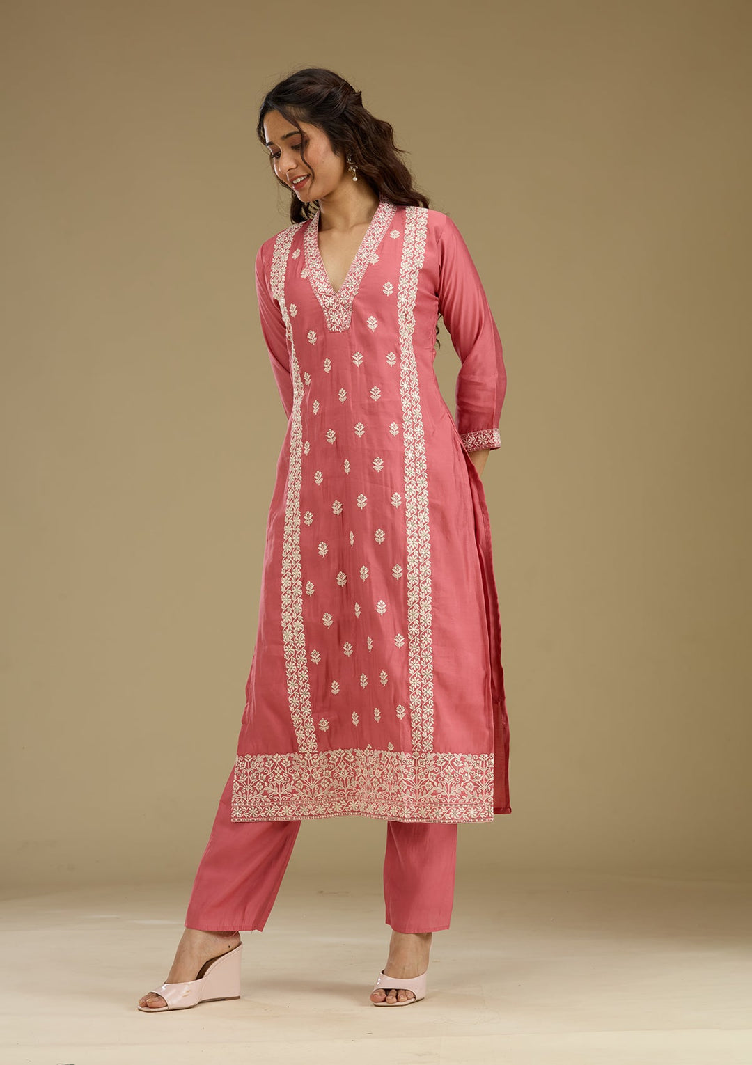 Onion Pink Threadwork Semi Crepe Readymade Salwar Suit-Koskii