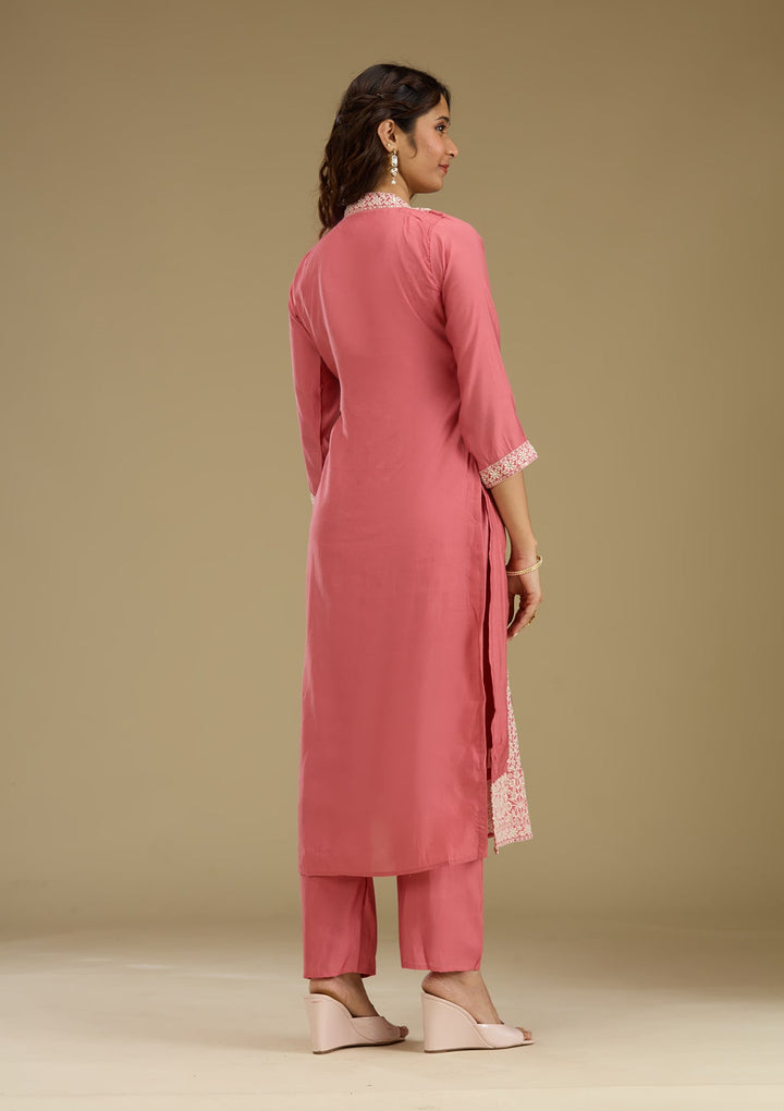 Onion Pink Threadwork Semi Crepe Readymade Salwar Suit-Koskii