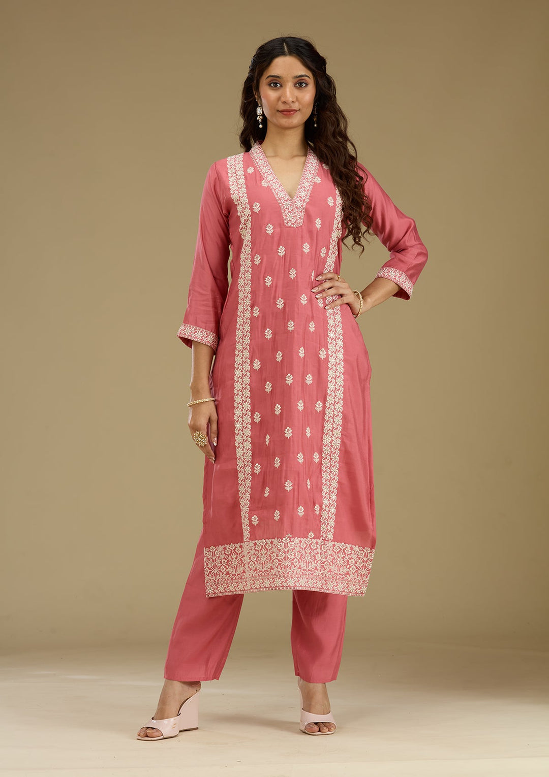 Onion Pink Threadwork Semi Crepe Readymade Salwar Suit-Koskii
