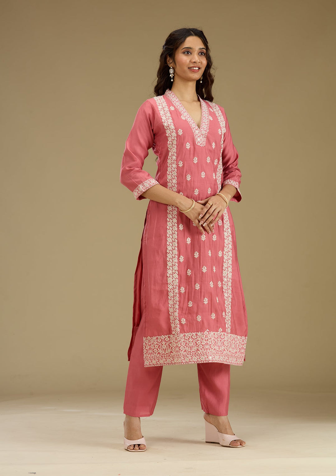 Onion Pink Threadwork Semi Crepe Readymade Salwar Suit-Koskii