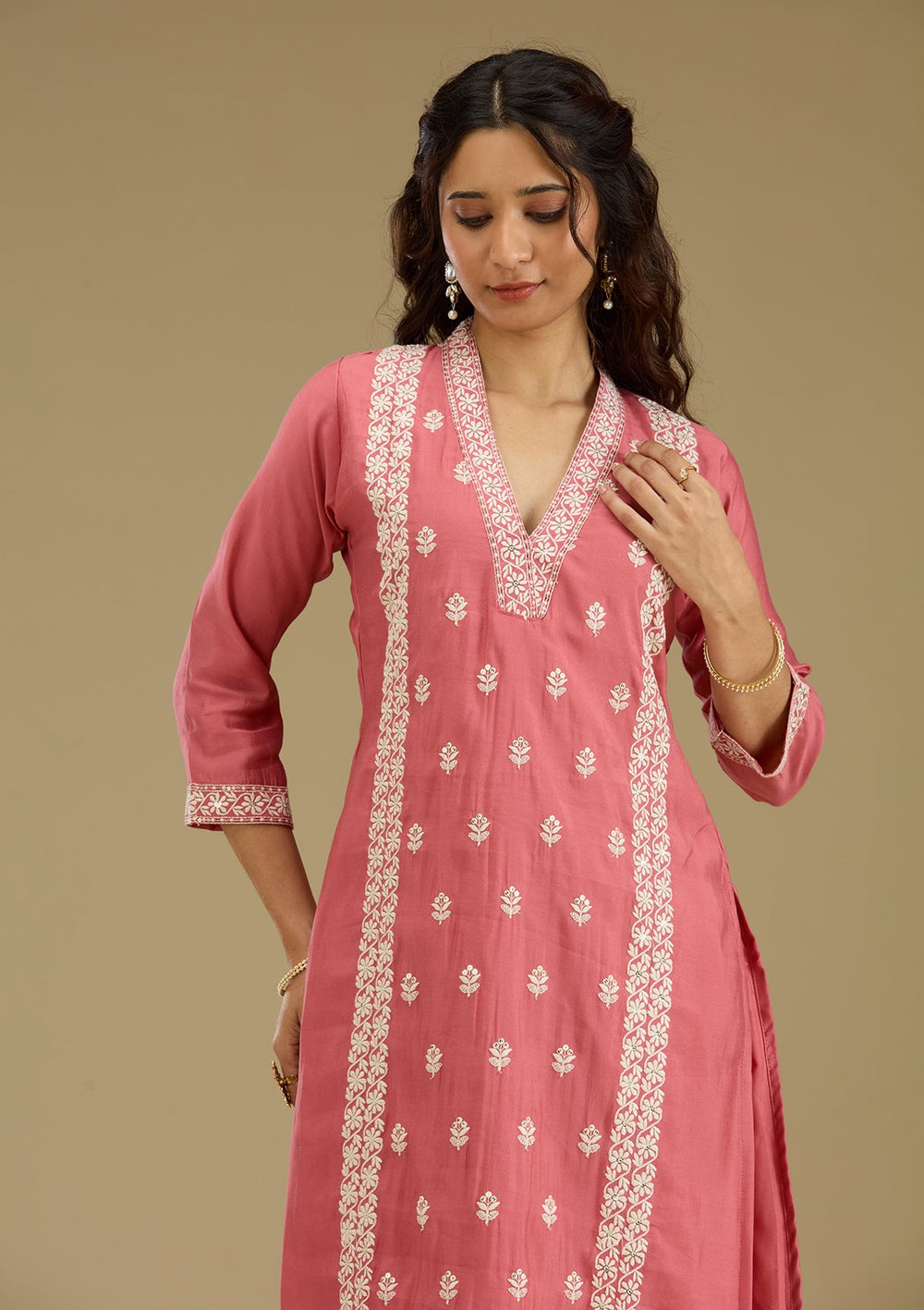 Onion Pink Threadwork Semi Crepe Readymade Salwar Suit-Koskii