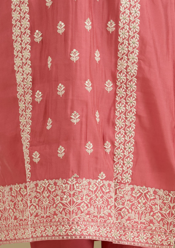 Onion Pink Threadwork Semi Crepe Readymade Salwar Suit-Koskii