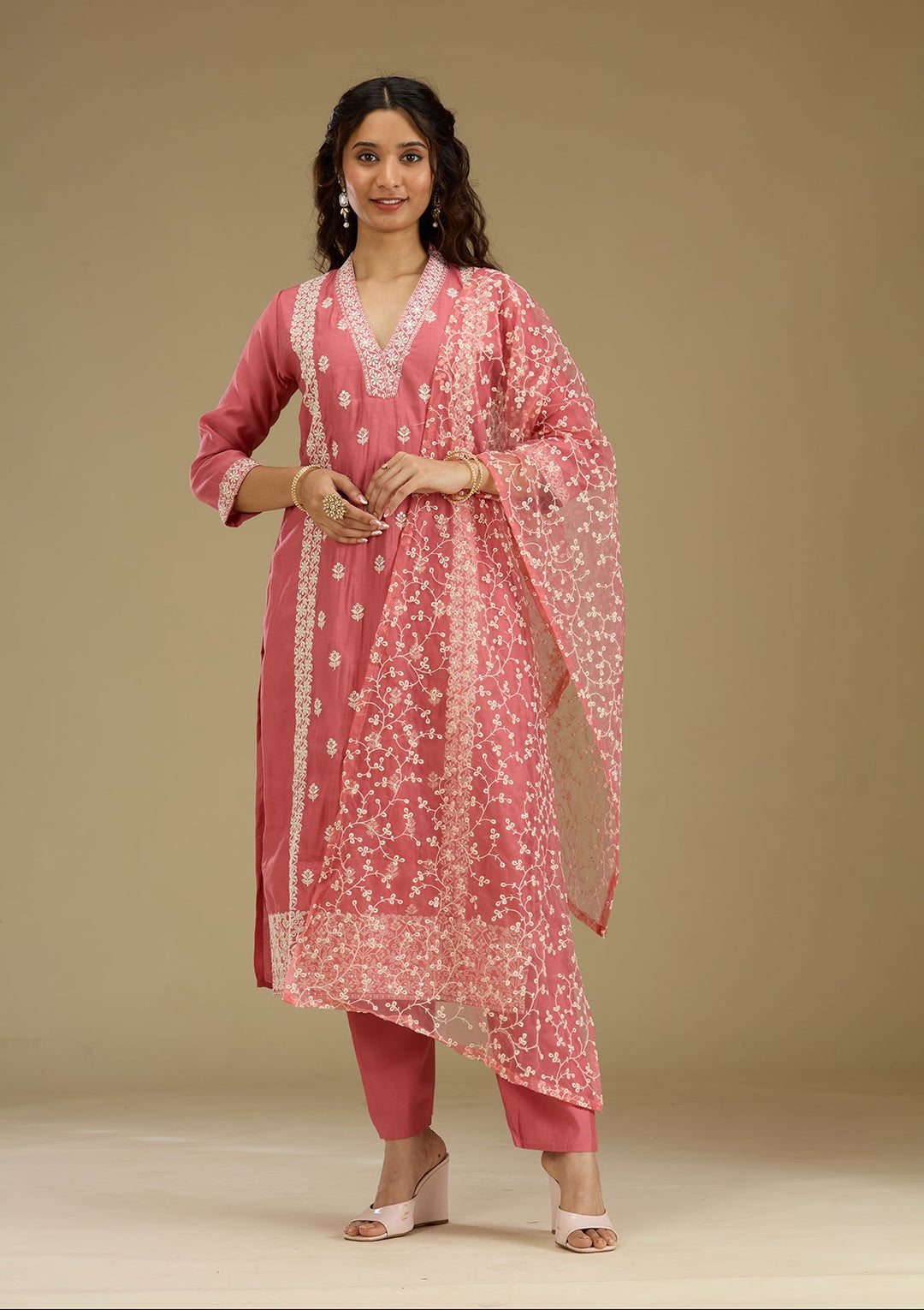 Onion Pink Threadwork Semi Crepe Readymade Salwar Suit-Koskii