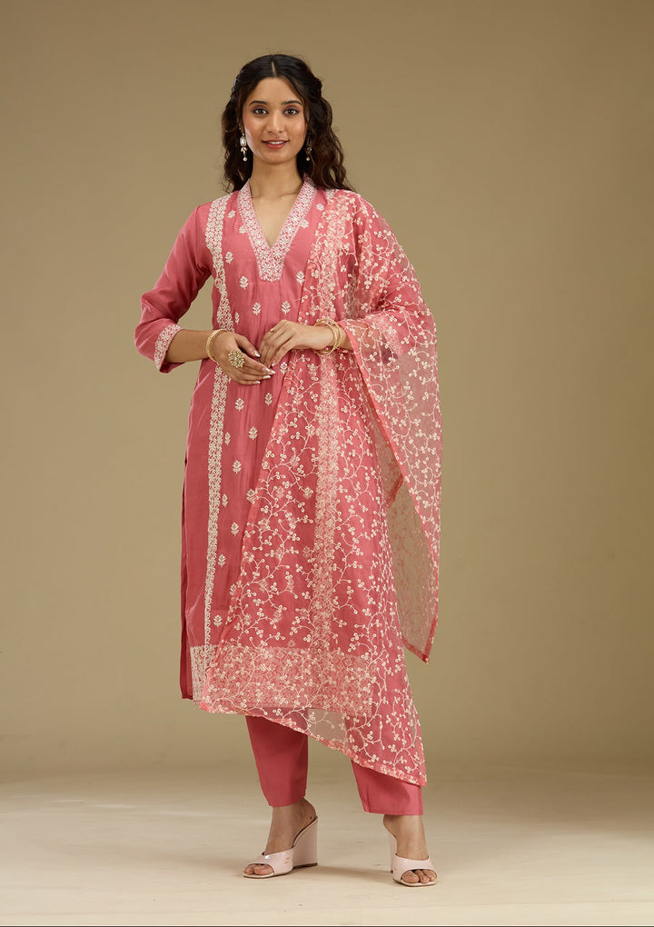 Onion Pink Threadwork Semi Crepe Readymade Salwar Suit-Koskii