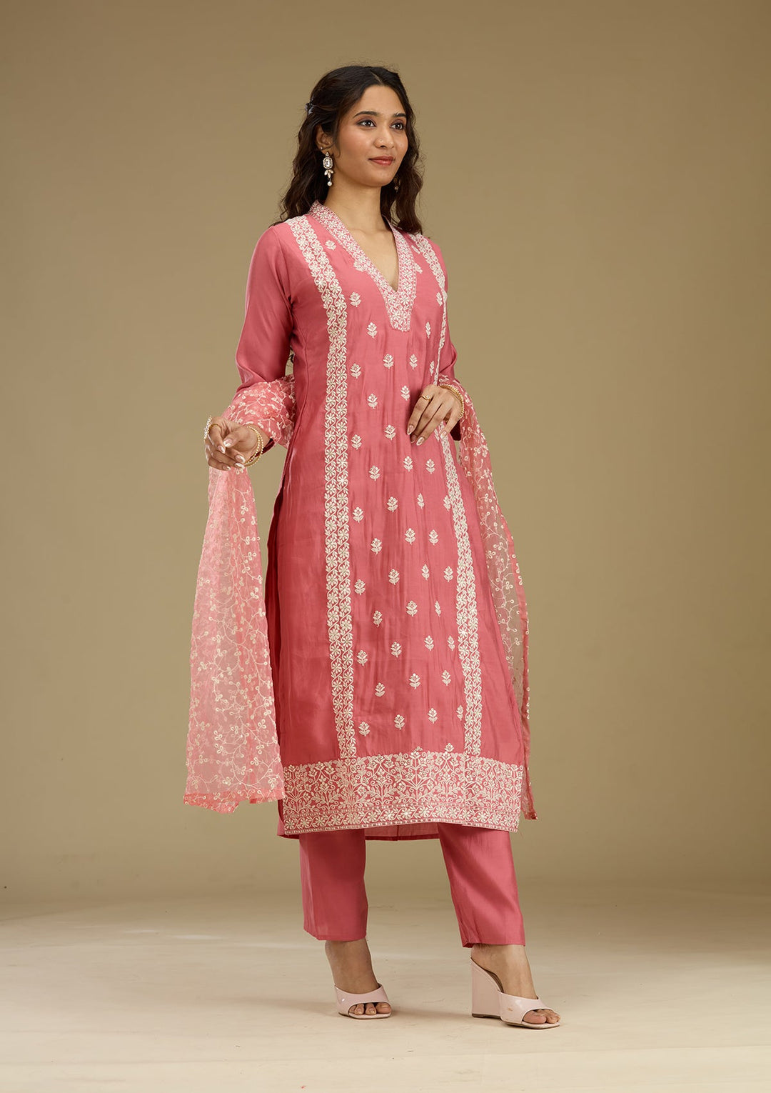Onion Pink Threadwork Semi Crepe Readymade Salwar Suit-Koskii