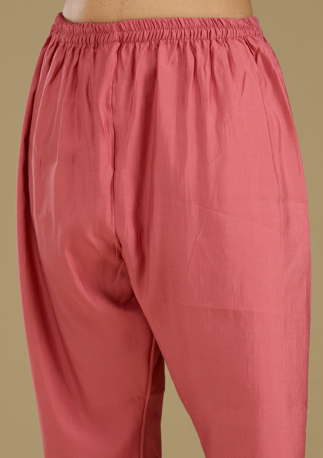 Onion Pink Threadwork Semi Crepe Readymade Salwar Suit-Koskii