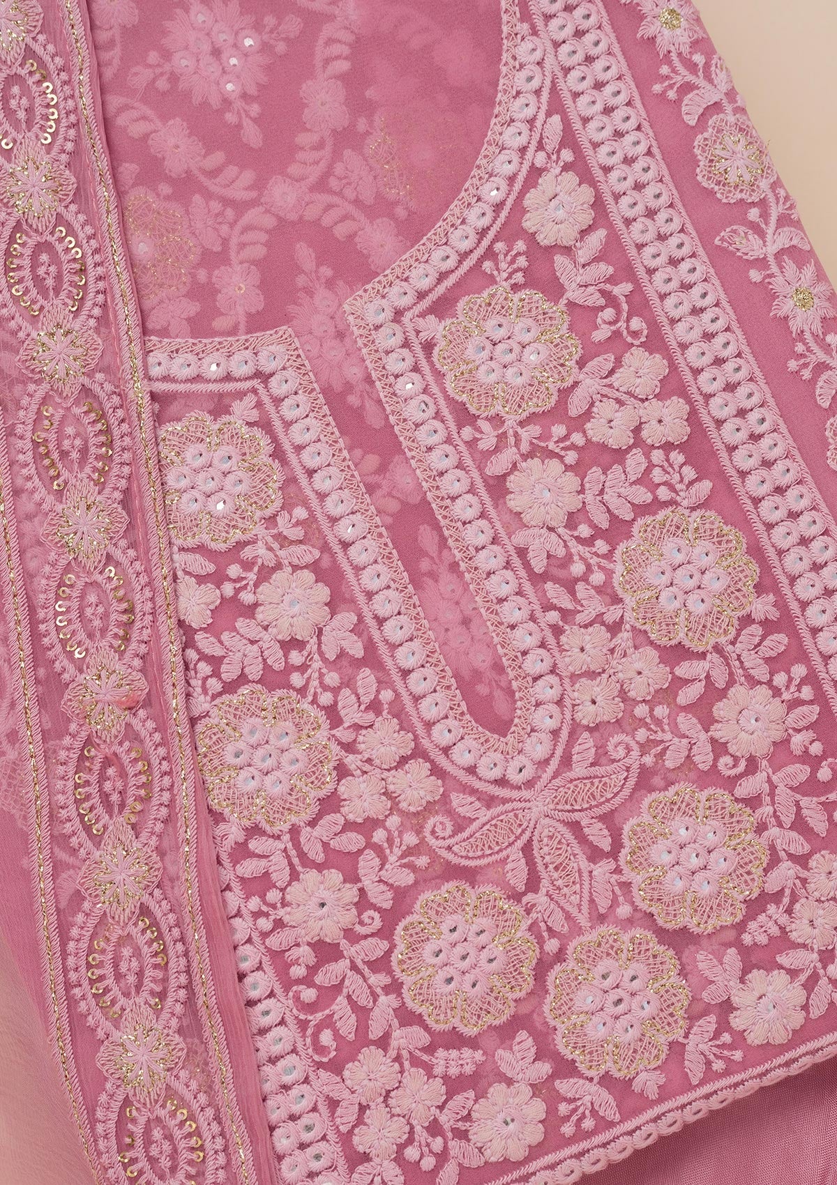 Onion Pink Chikankari Georgette Unstitched Salwar Suit-Koskii