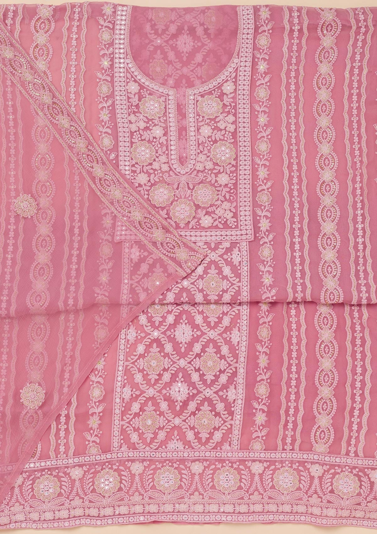 Onion Pink Chikankari Georgette Unstitched Salwar Suit-Koskii