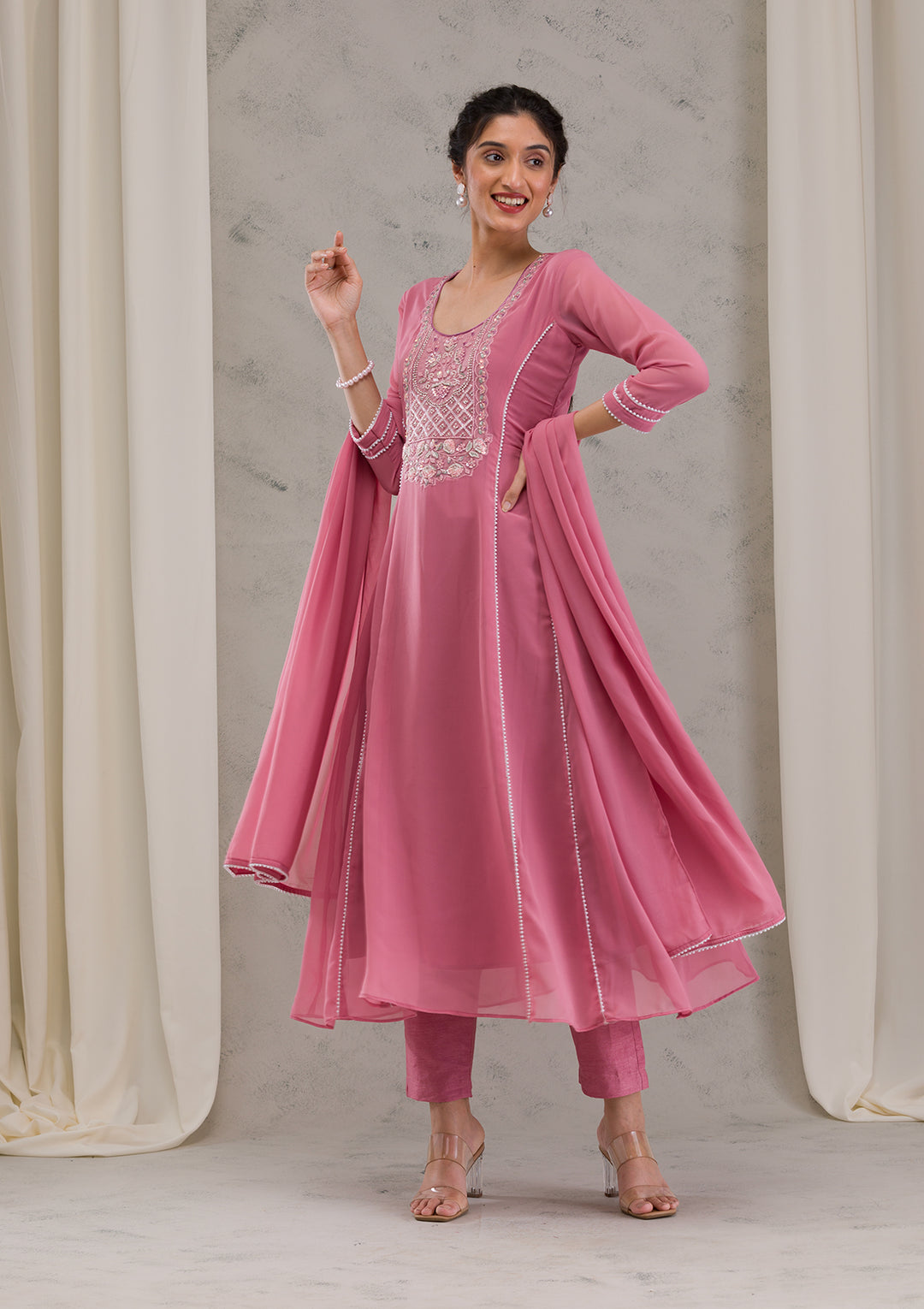 Onion Pink Cutdana Georgette Readymade Salwar Kameez