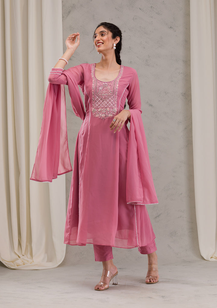 Onion Pink Cutdana Georgette Readymade Salwar Kameez