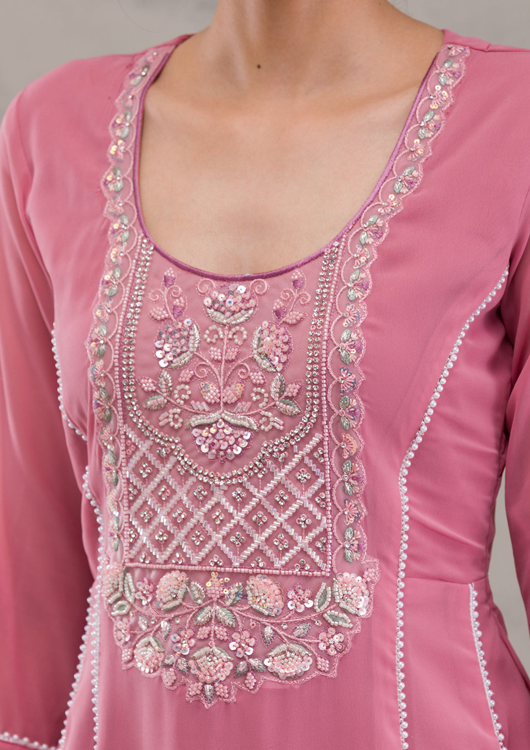 Onion Pink Cutdana Georgette Readymade Salwar Kameez