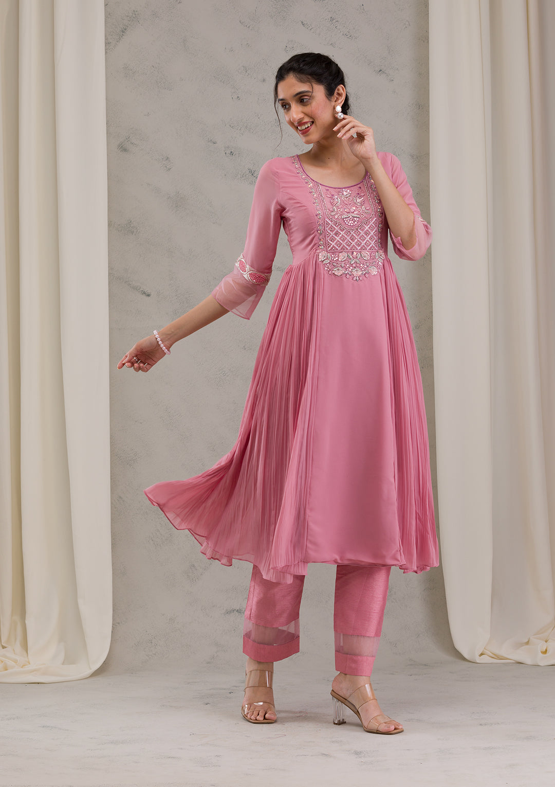 Onion Pink Cutdana Georgette Readymade Salwar Kameez