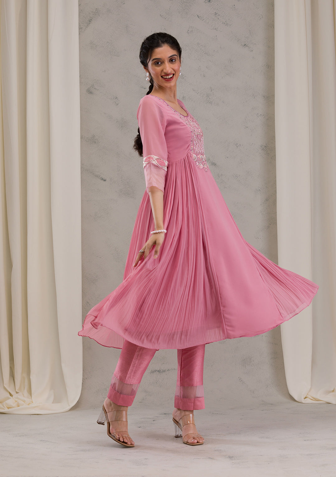Onion Pink Cutdana Georgette Readymade Salwar Kameez