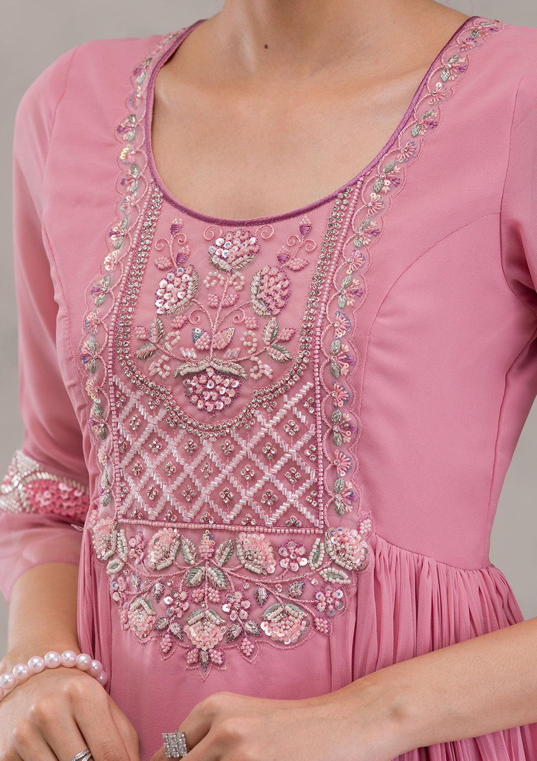 Onion Pink Cutdana Georgette Readymade Salwar Kameez