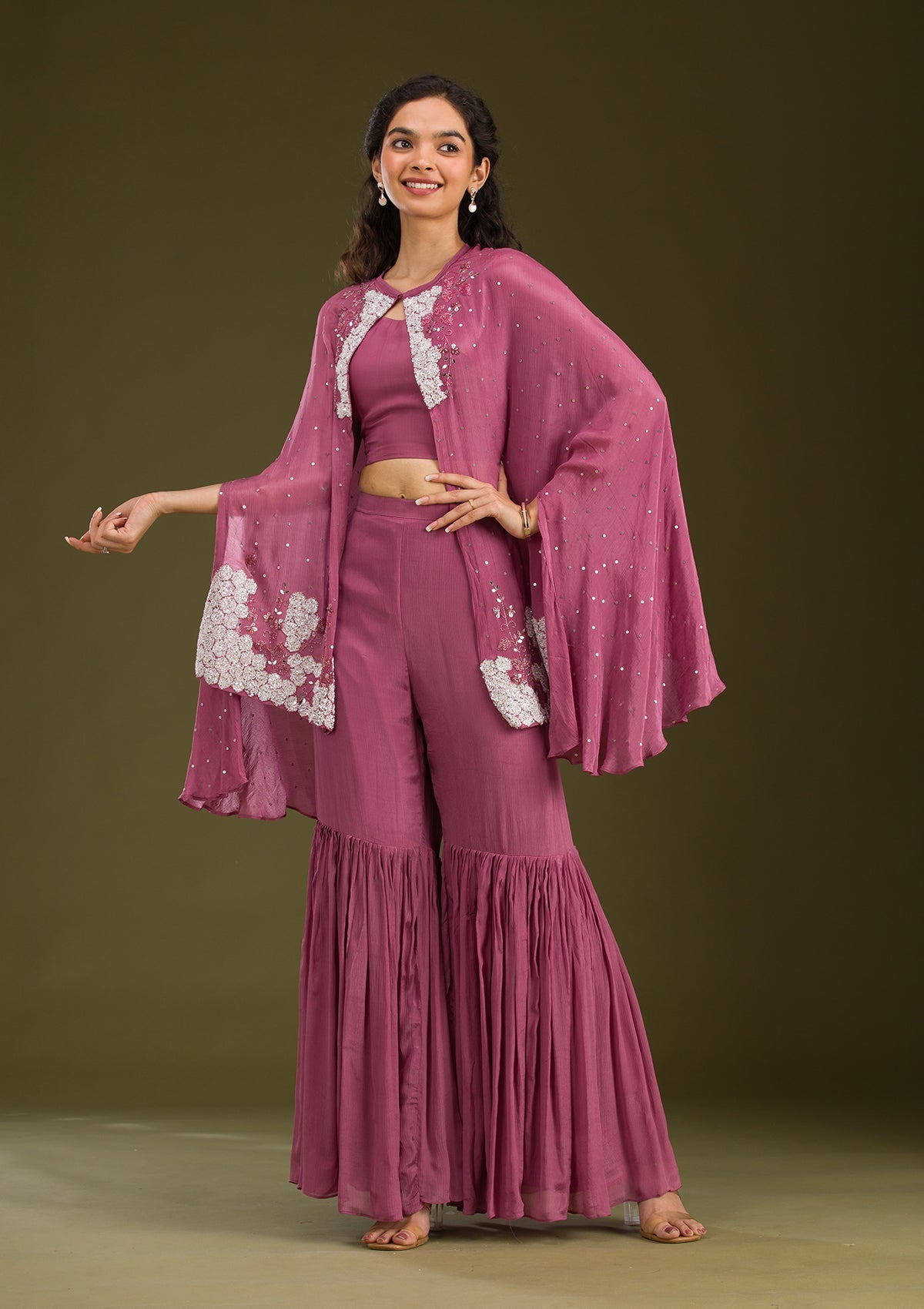 Onion Pink Cutdana Georgette Readymade Salwar Suit-Koskii