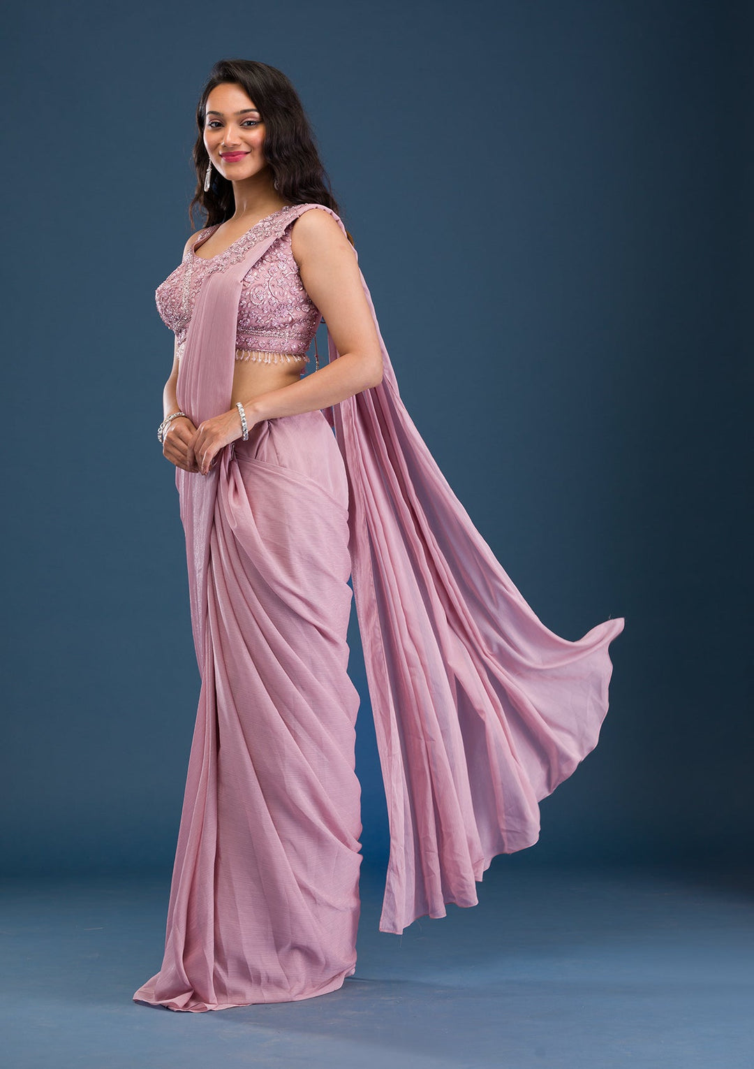 Onion Pink Cutdana Georgette Saree-Koskii