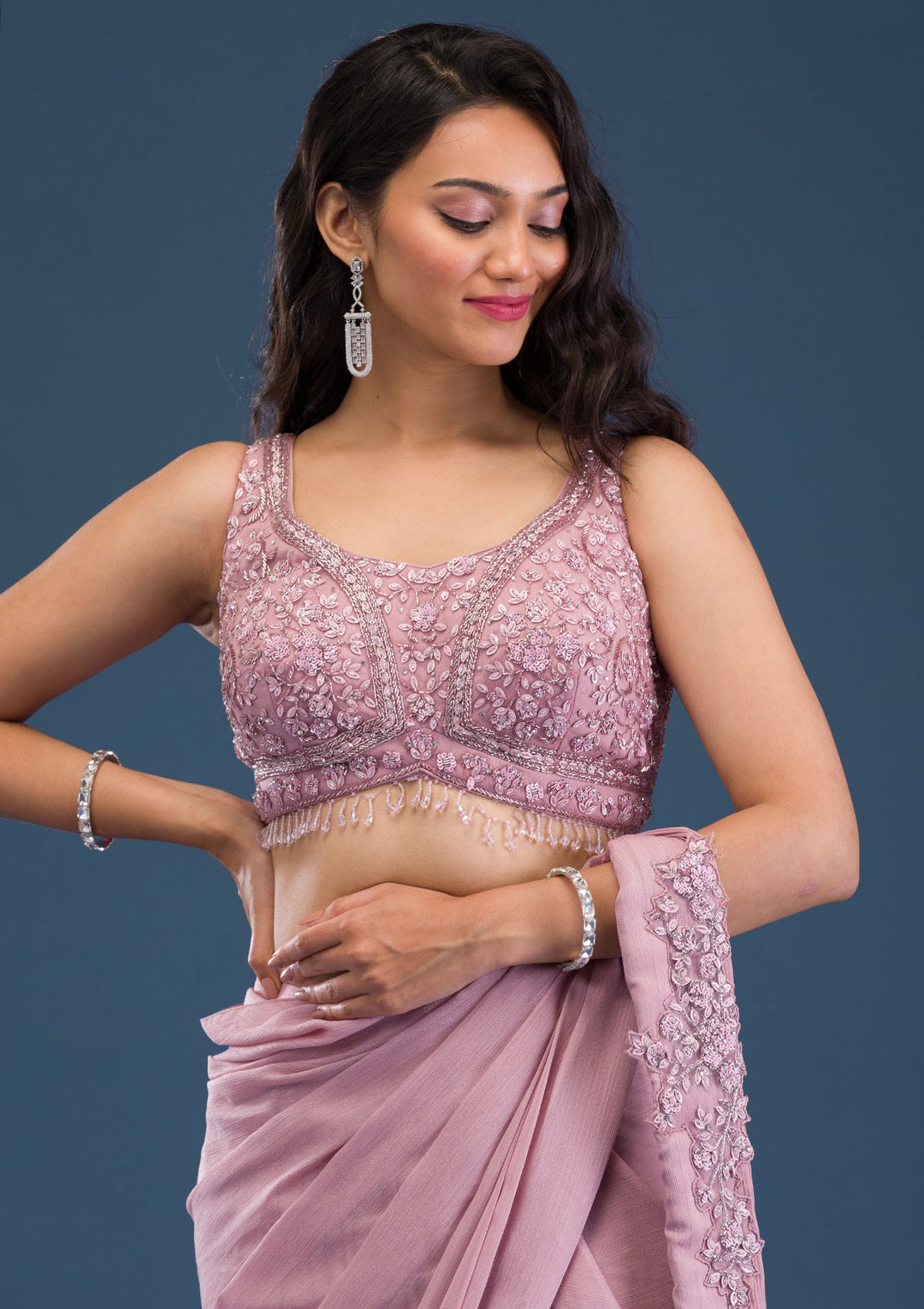 Onion Pink Cutdana Georgette Saree-Koskii