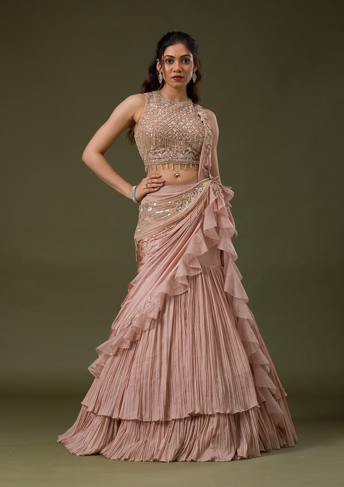 Onion Pink Cutdana Lycra Readymade Lehenga-Koskii