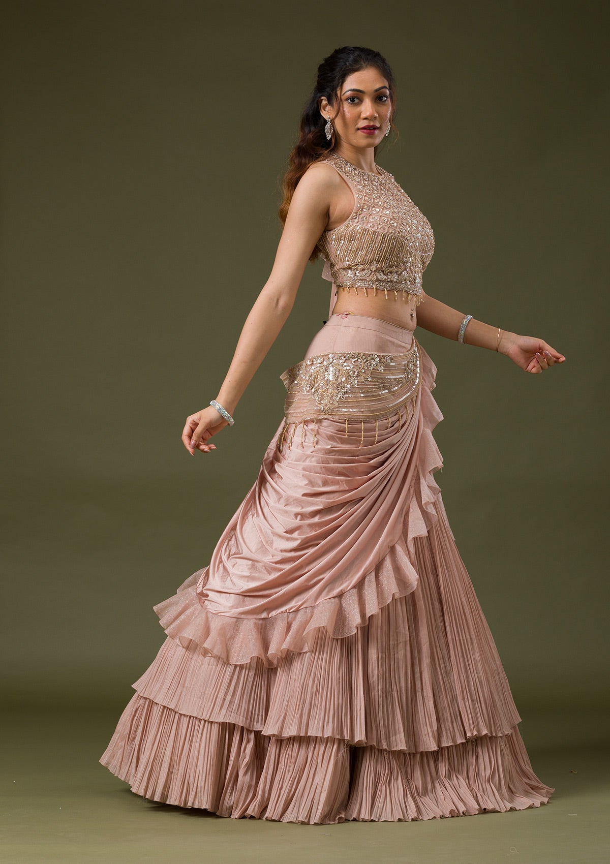 Onion Pink Cutdana Lycra Readymade Lehenga-Koskii