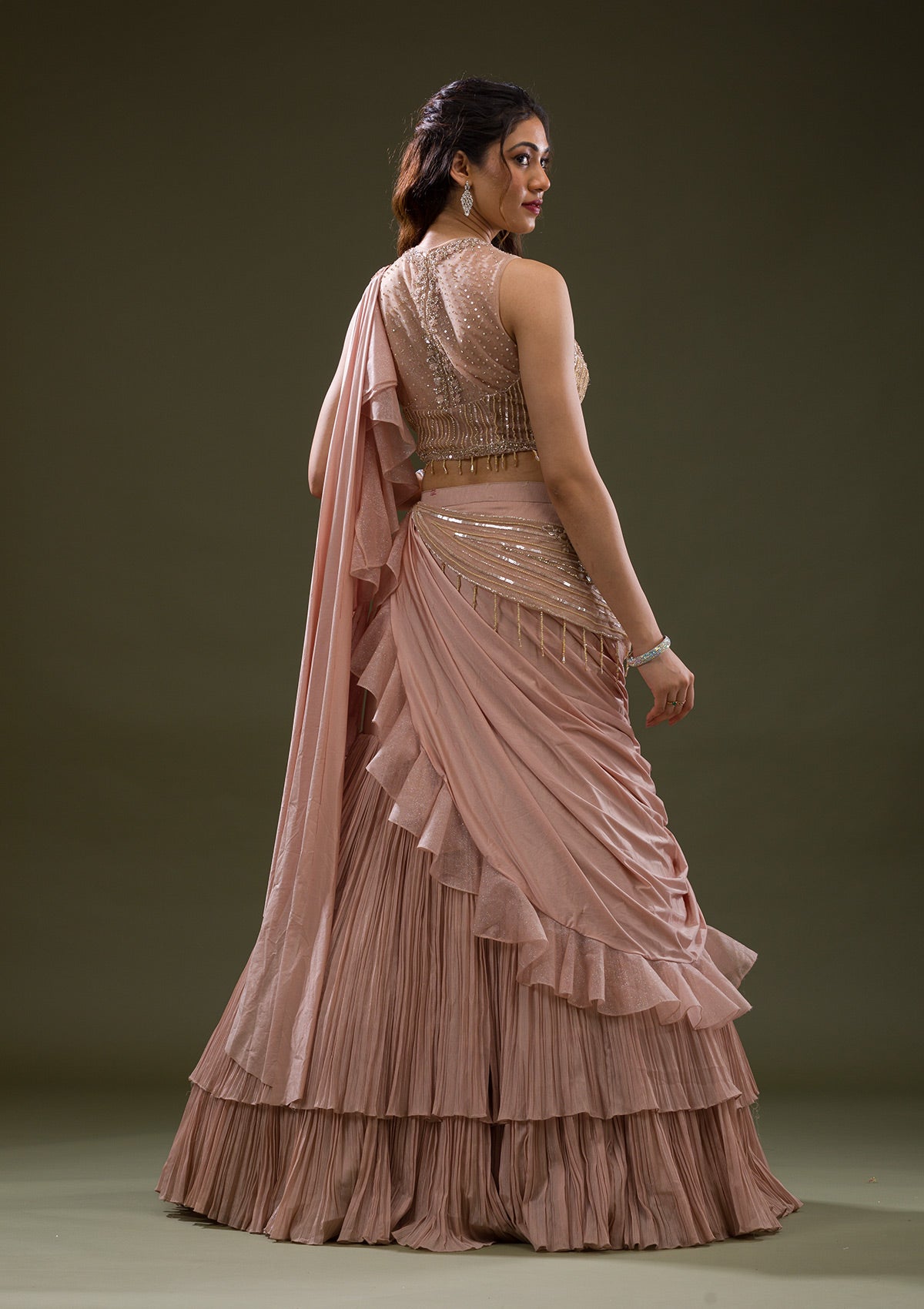 Onion Pink Cutdana Lycra Readymade Lehenga-Koskii