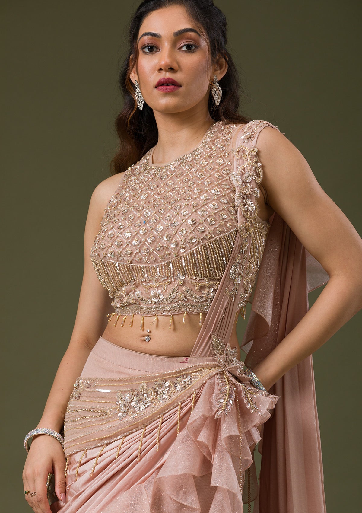 Onion Pink Cutdana Lycra Readymade Lehenga-Koskii