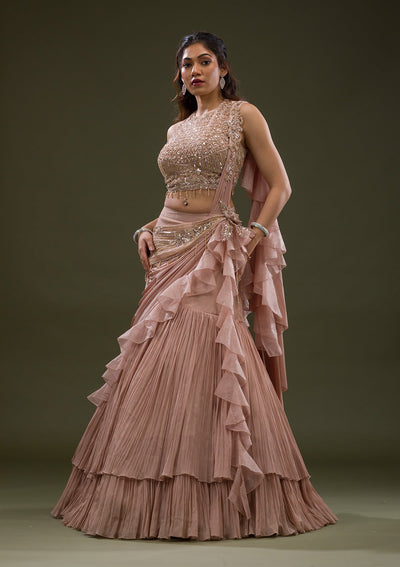 Onion Pink Cutdana Lycra Readymade Lehenga-Koskii