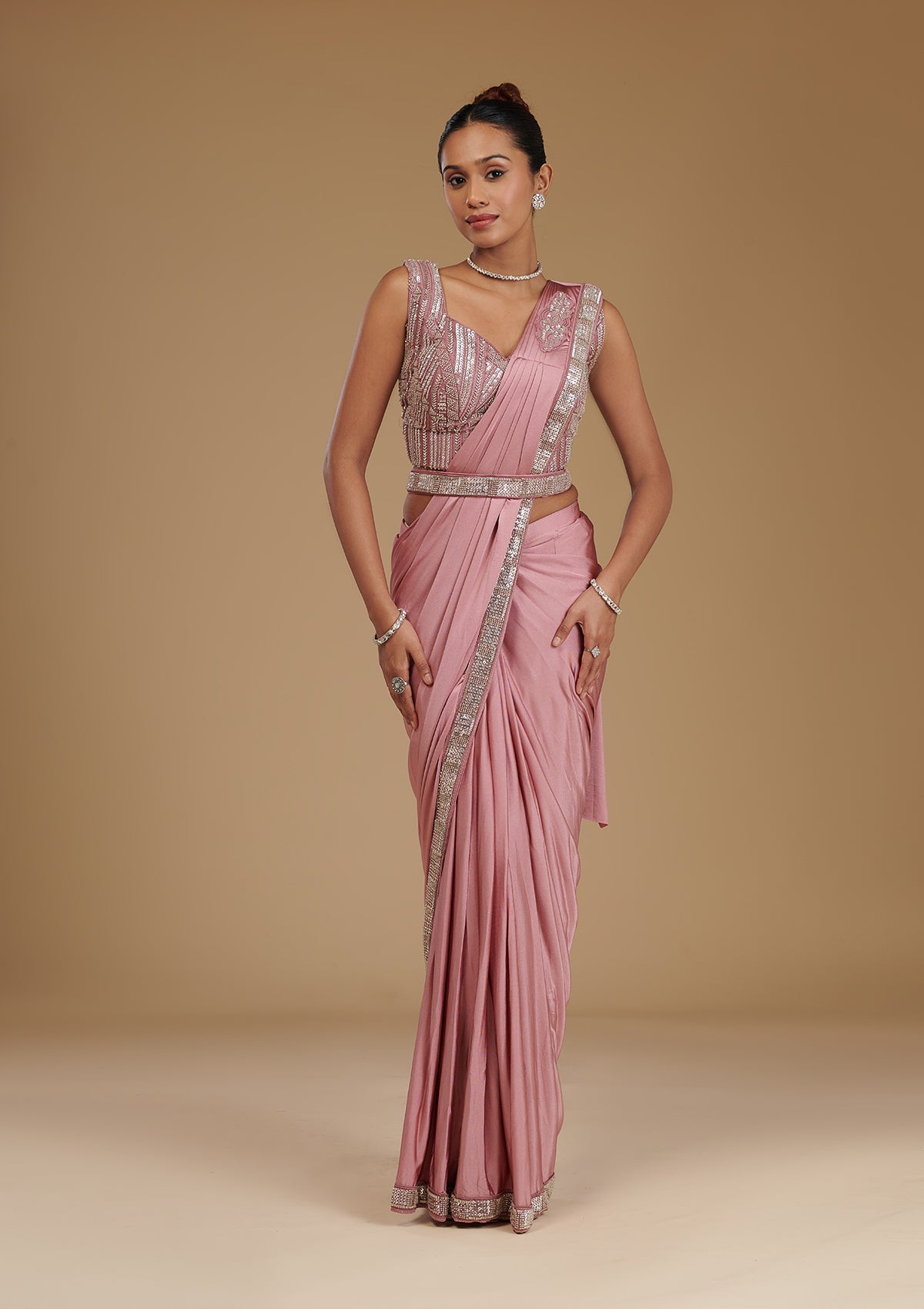 Onion Pink Cutdana Satin Readymade Saree-Koskii