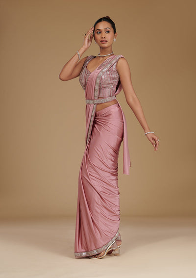 Onion Pink Cutdana Satin Readymade Saree-Koskii