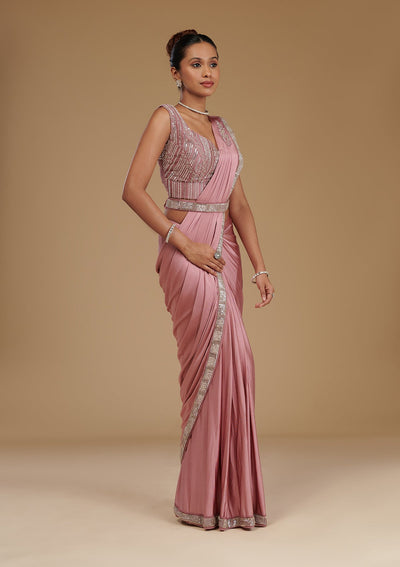 Onion Pink Cutdana Satin Readymade Saree-Koskii