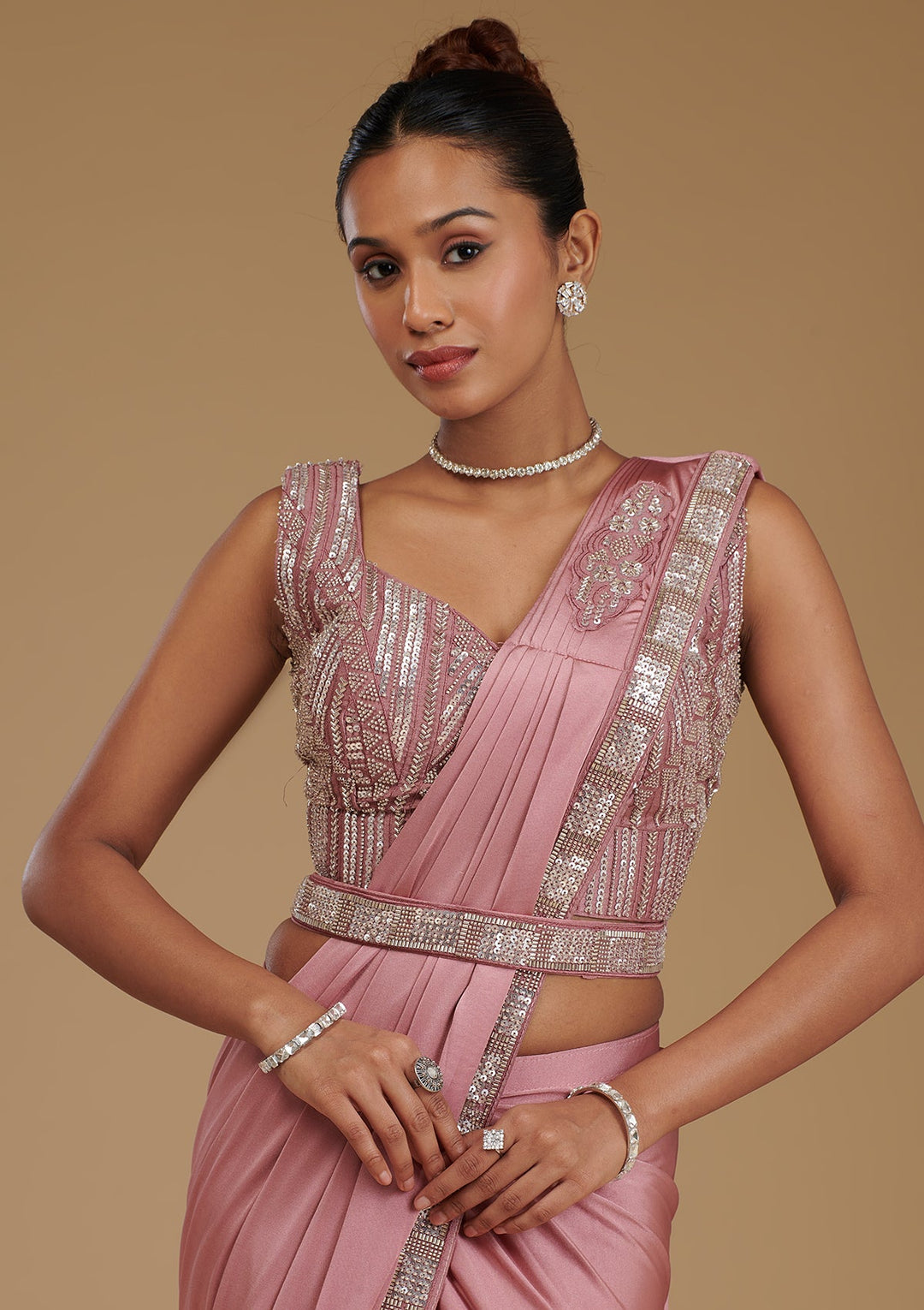 Onion Pink Cutdana Satin Readymade Saree-Koskii