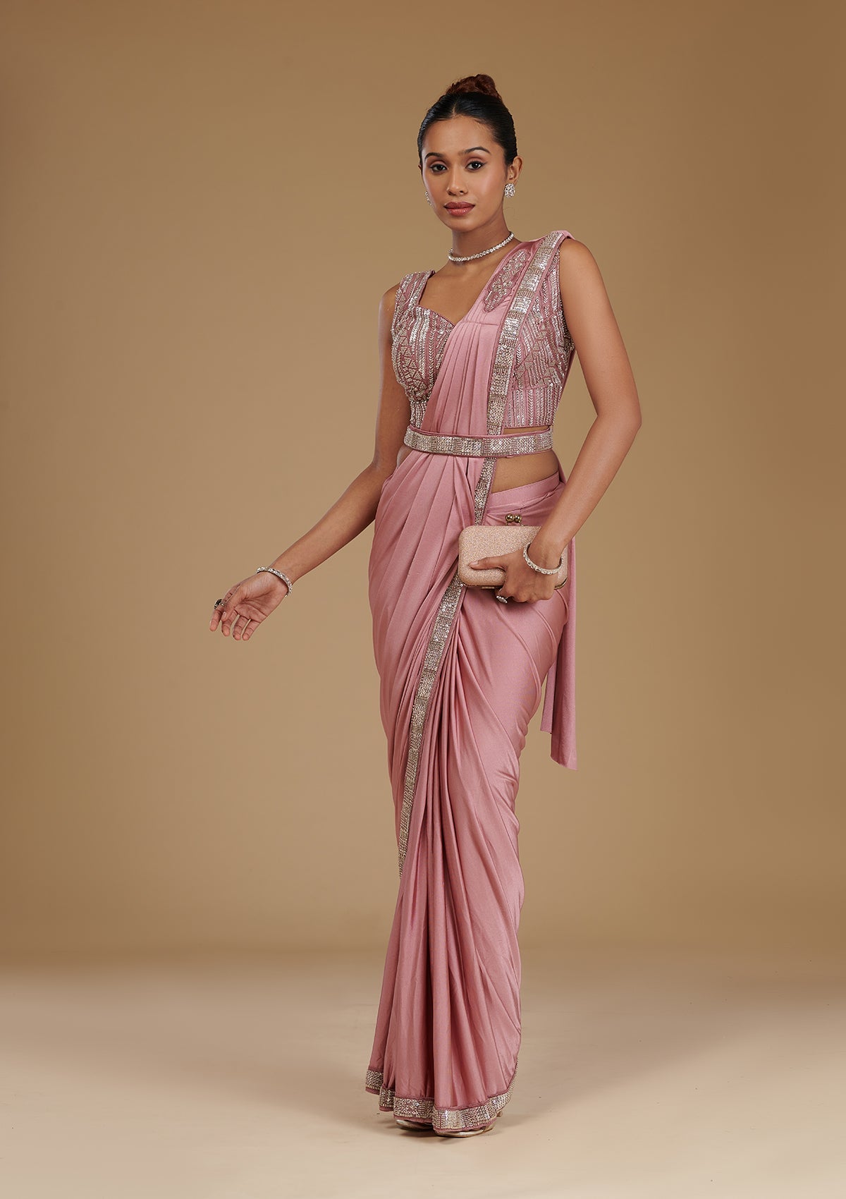 Onion Pink Cutdana Satin Readymade Saree-Koskii