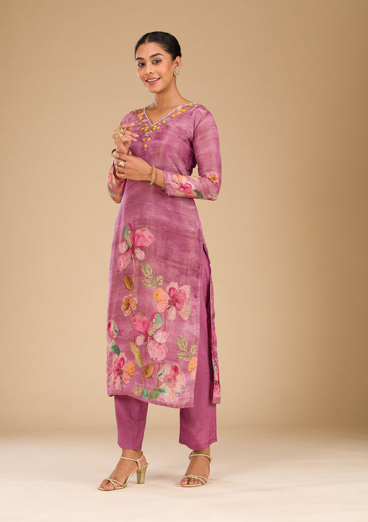 Onion Pink Cutdana Tissue Readymade Salwar Suit-Koskii
