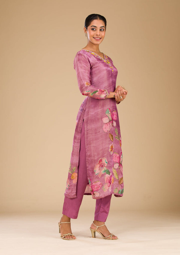Onion Pink Cutdana Tissue Readymade Salwar Suit-Koskii