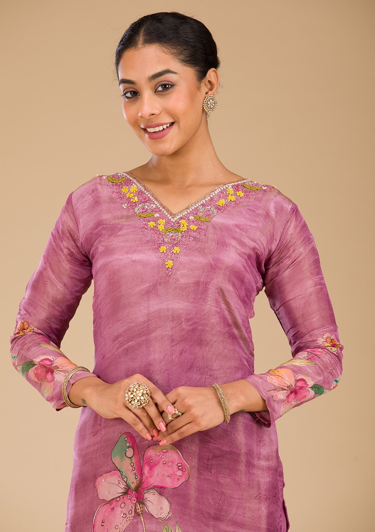 Onion Pink Cutdana Tissue Readymade Salwar Suit-Koskii