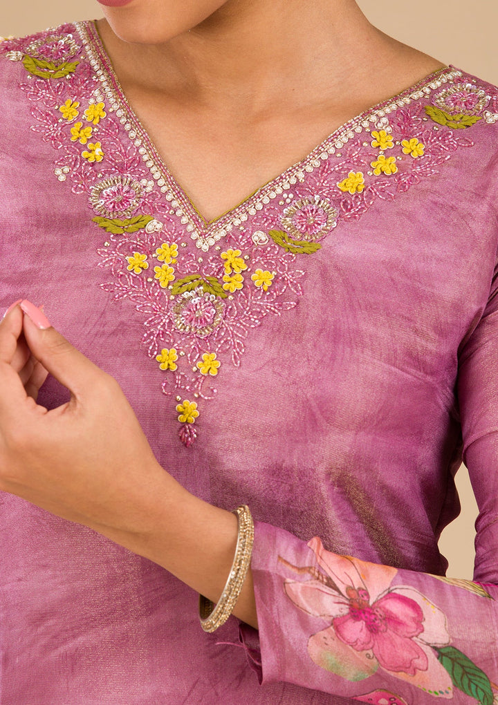 Onion Pink Cutdana Tissue Readymade Salwar Suit-Koskii