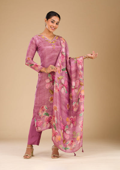 Onion Pink Cutdana Tissue Readymade Salwar Suit-Koskii