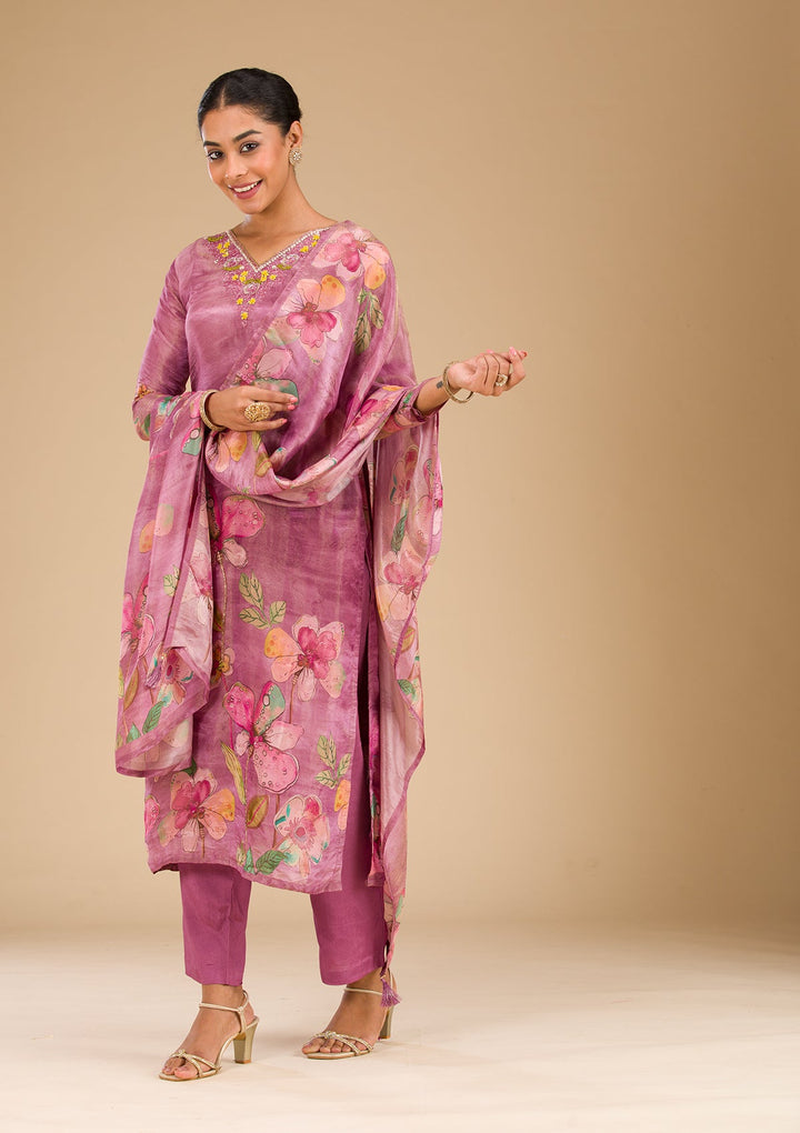 Onion Pink Cutdana Tissue Readymade Salwar Suit-Koskii