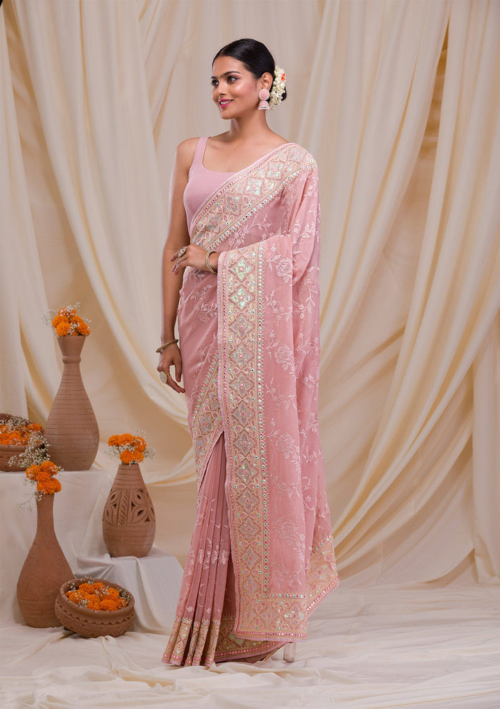 Onion Pink Gotapatti Chiffon Saree-Koskii
