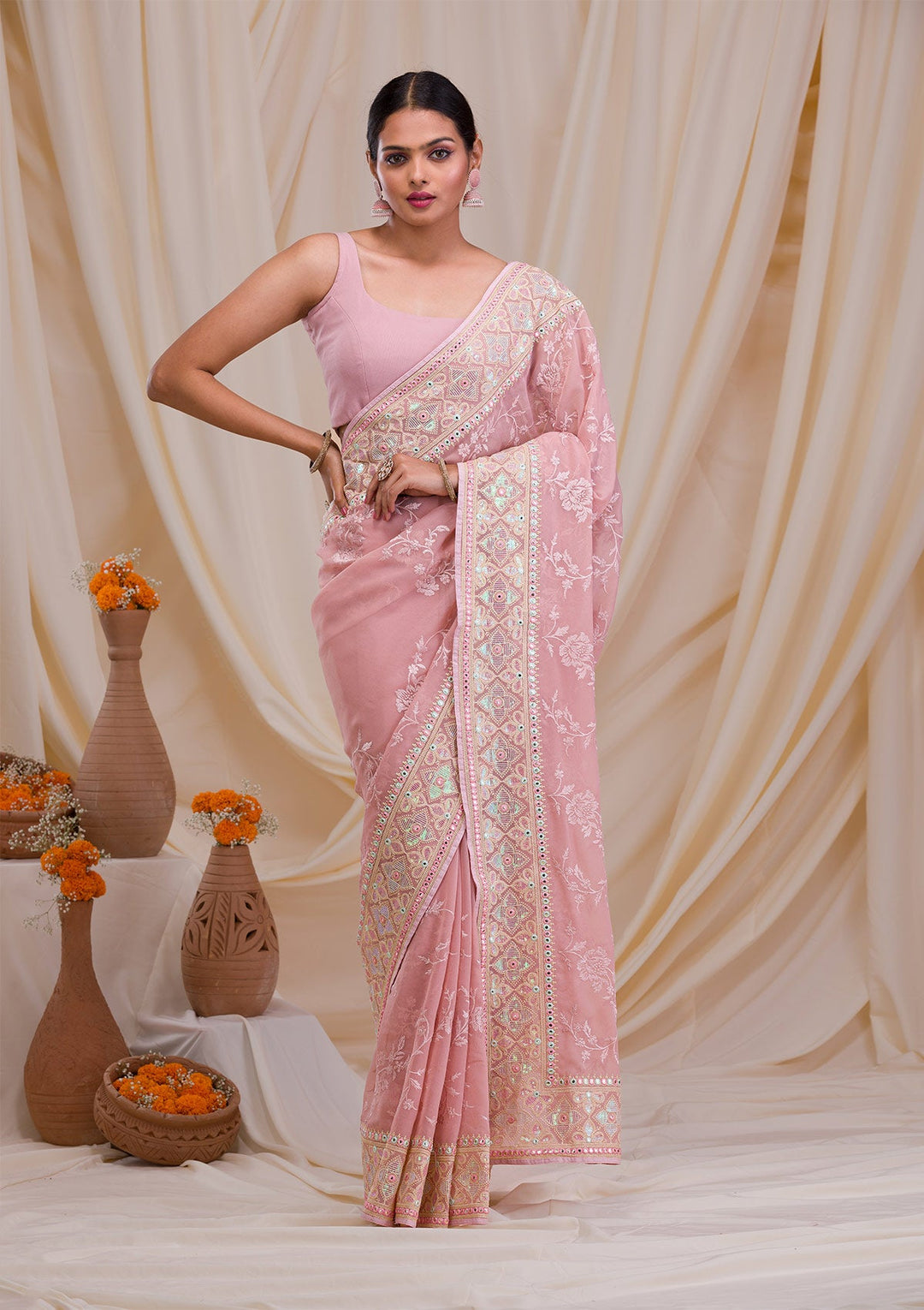 Onion Pink Gotapatti Chiffon Saree-Koskii