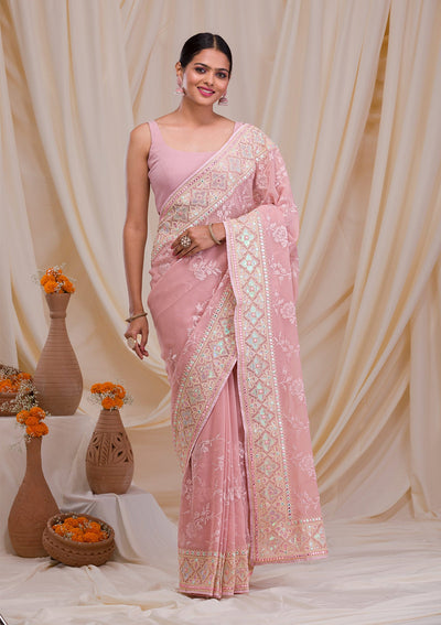 Onion Pink Gotapatti Chiffon Saree-Koskii