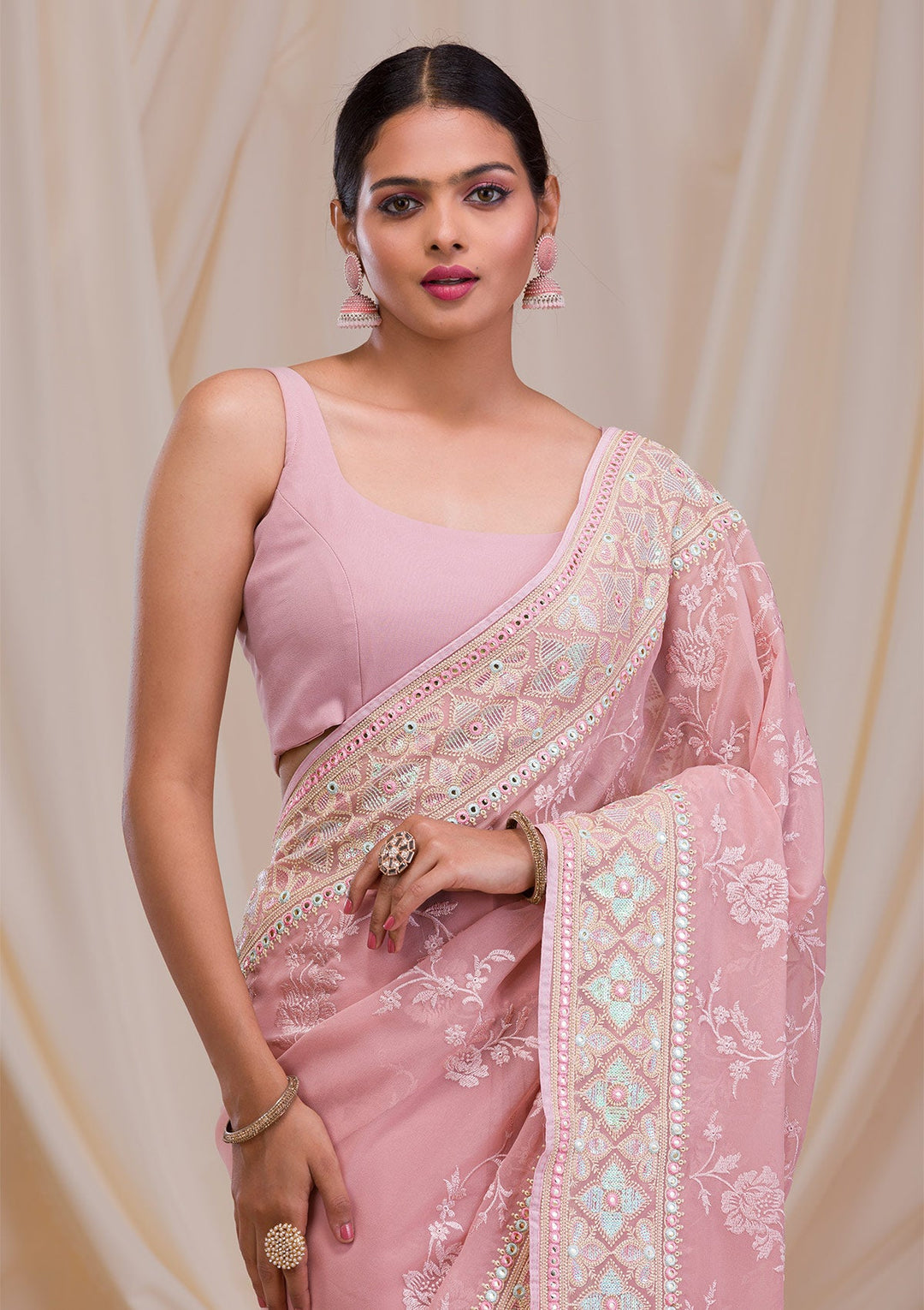 Onion Pink Gotapatti Chiffon Saree-Koskii