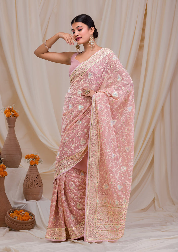 Onion Pink Gotapatti Chiffon Saree-Koskii