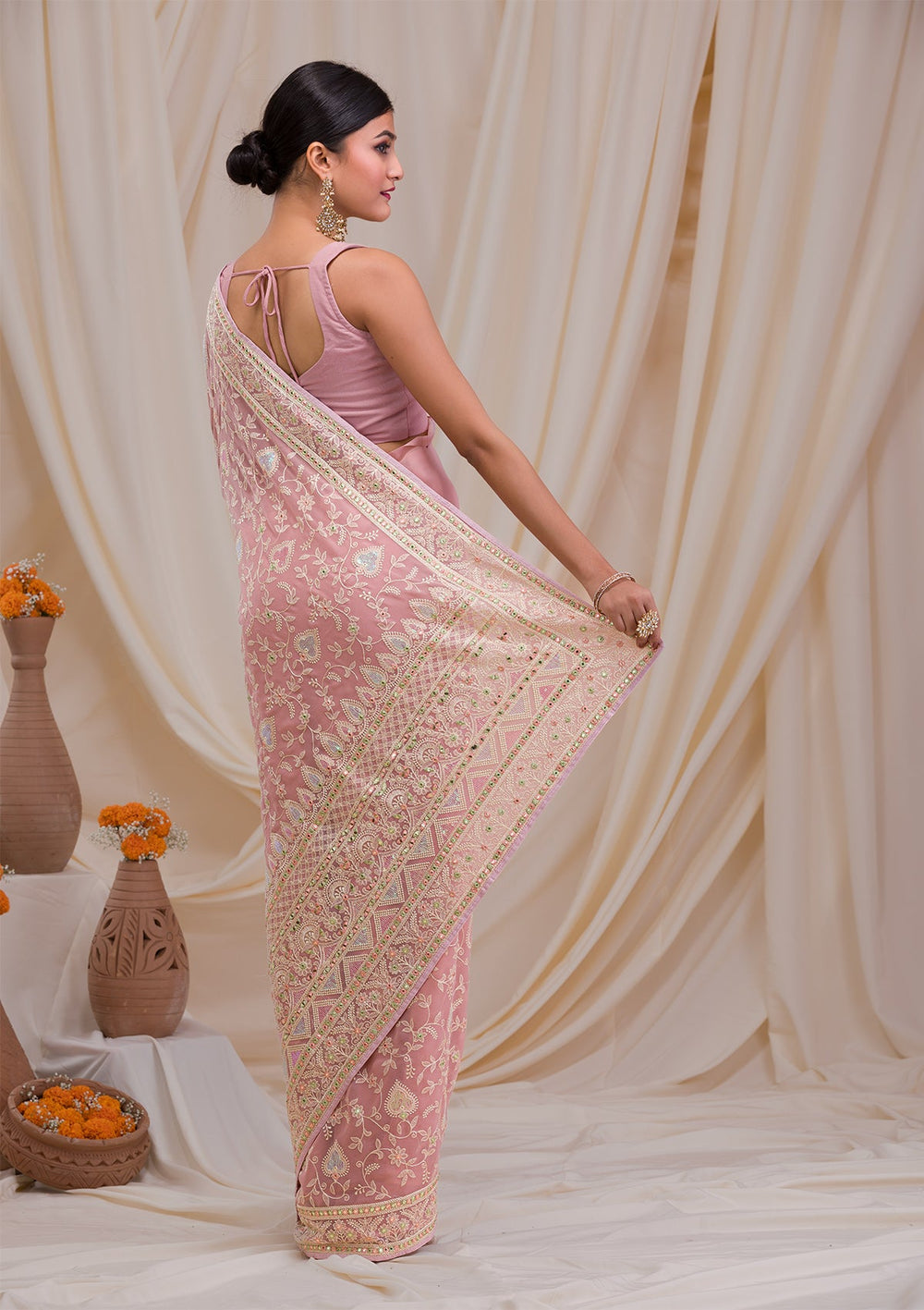 Onion Pink Gotapatti Chiffon Saree-Koskii