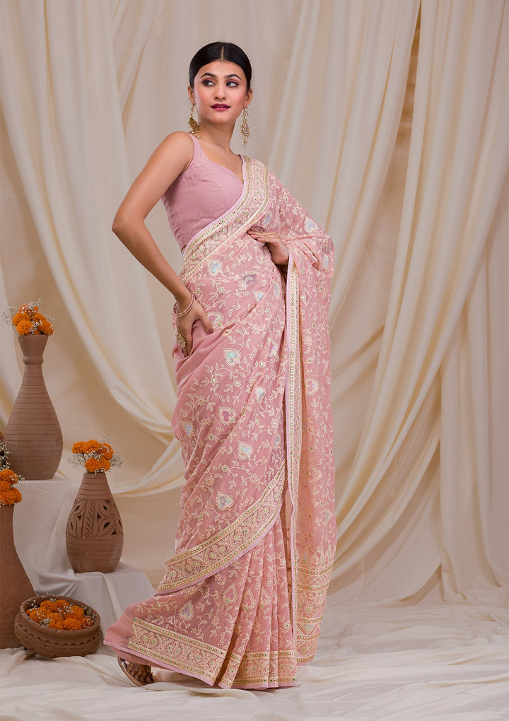 Onion Pink Gotapatti Chiffon Saree-Koskii