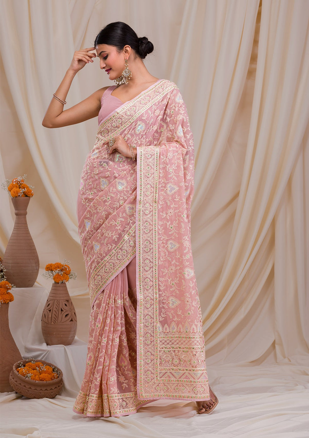 Onion Pink Gotapatti Chiffon Saree-Koskii