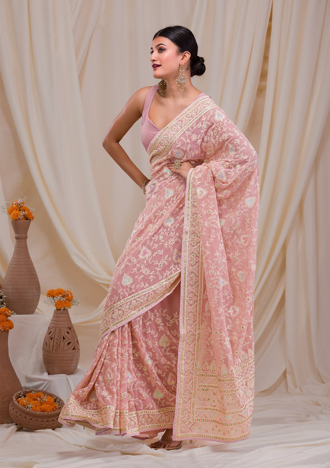 Onion Pink Gotapatti Chiffon Saree-Koskii