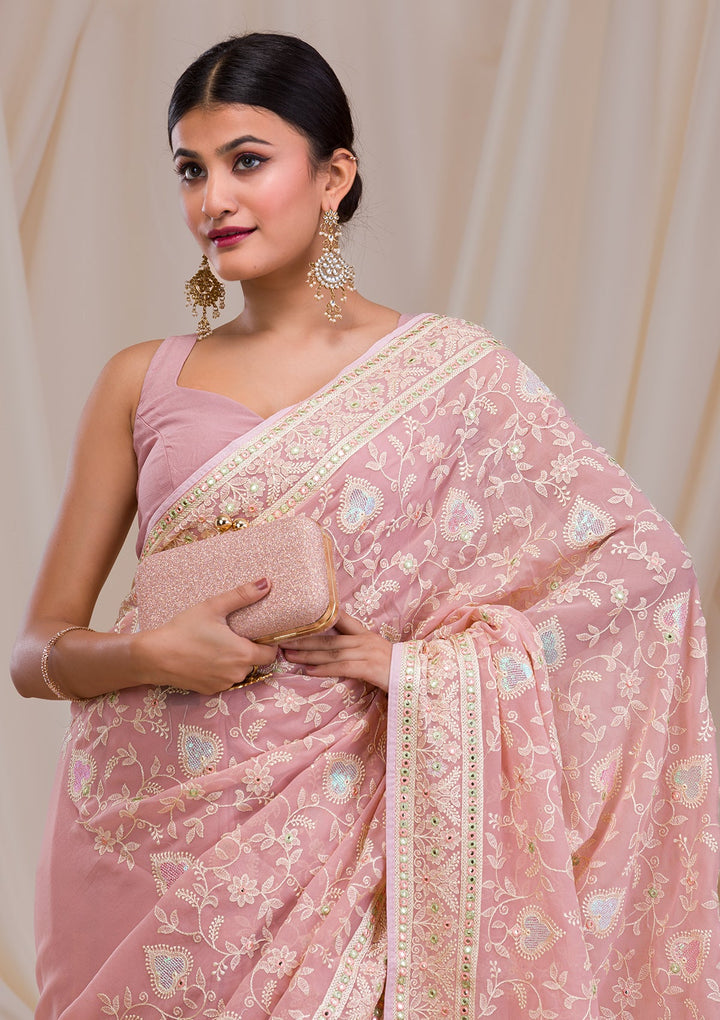 Onion Pink Gotapatti Chiffon Saree-Koskii