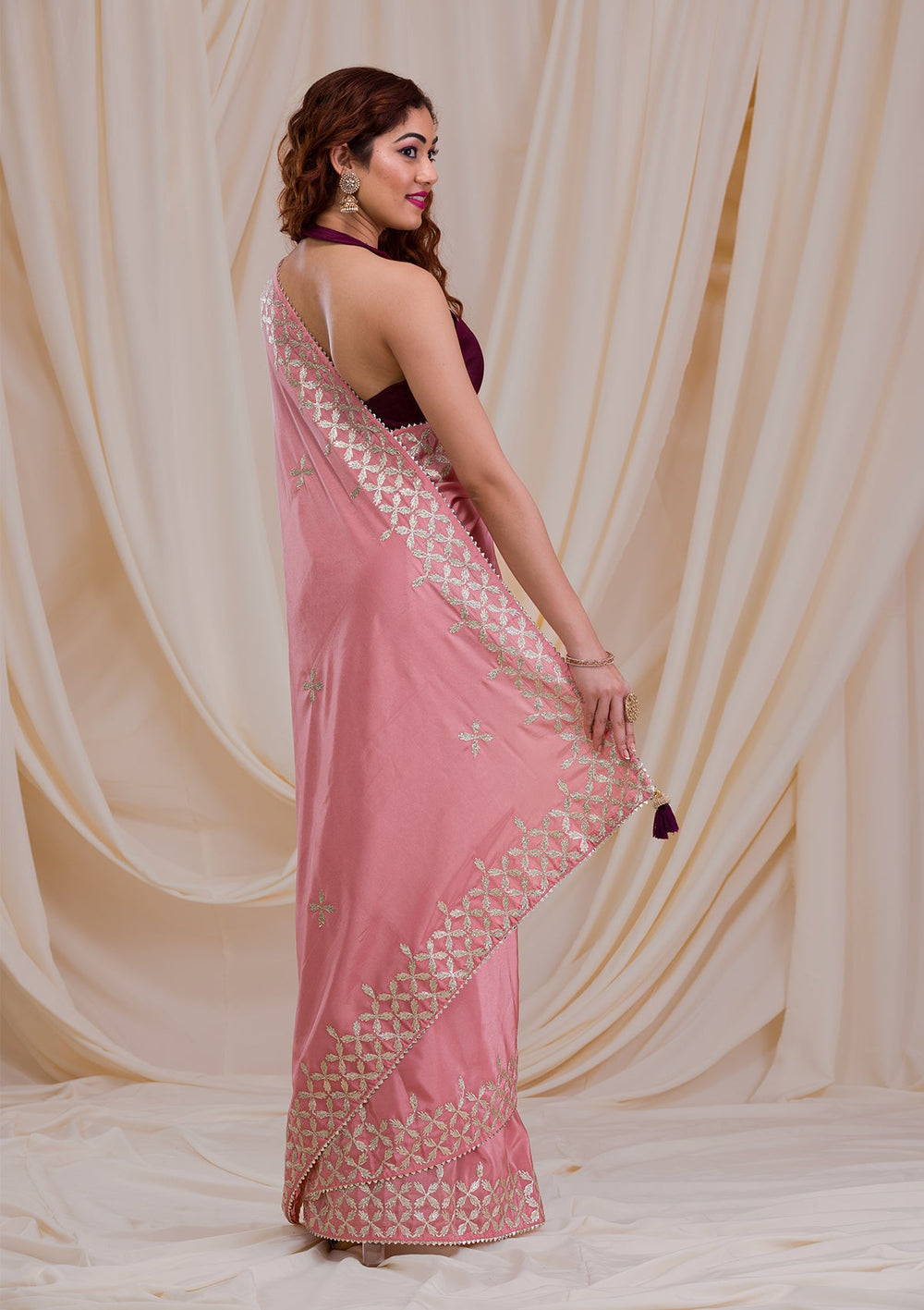 Onion Pink Gotapatti Semi Crepe Saree-Koskii