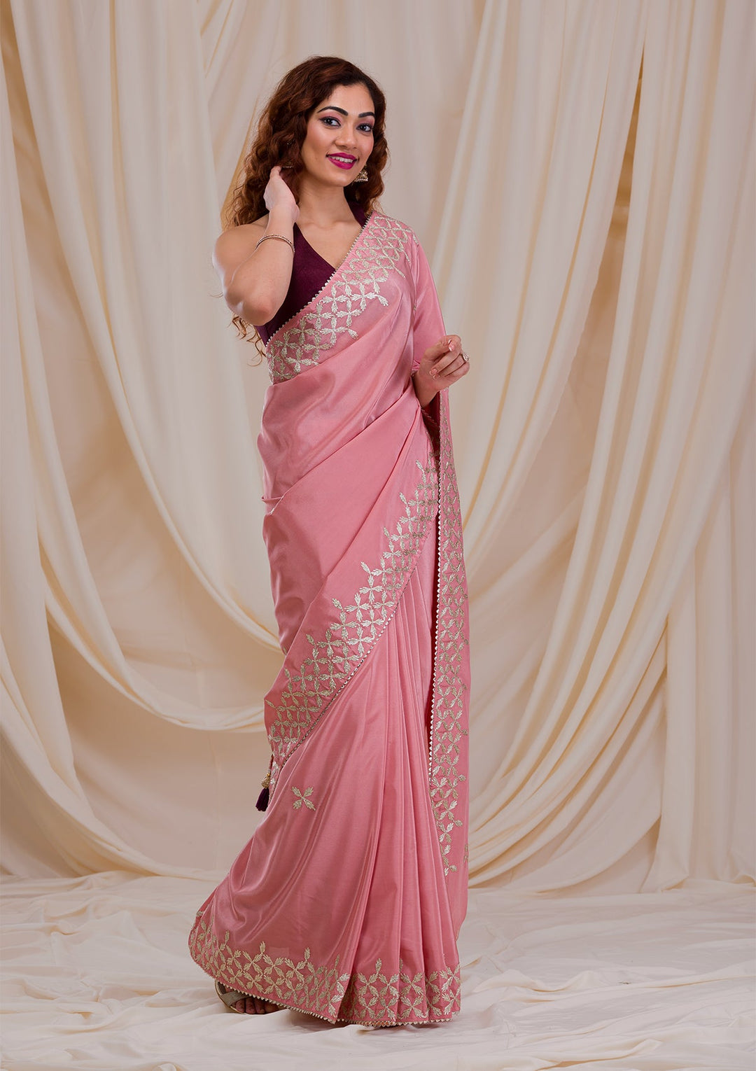 Onion Pink Gotapatti Semi Crepe Saree-Koskii